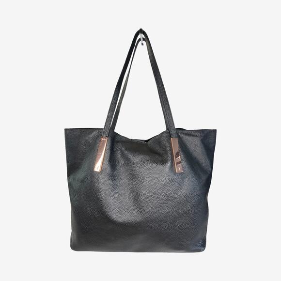 Ted Baker Black Pebbled Leather Tote Bag Rose Gold Hardware Large Shoulder Bag - Picture 5 of 12